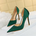 Thin heeled super high heels with shallow side hollow snake pattern silk high heels for women