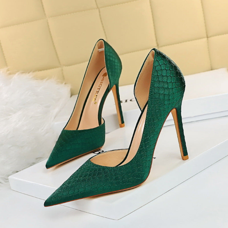 Thin heeled super high heels with shallow side hollow snake pattern silk high heels for women