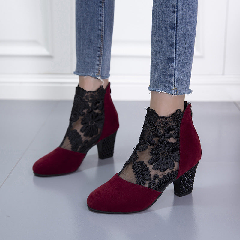 Lace Mesh High-Heeled Sandals Women European and American Style Round Toe Chunky Heel Roman Sandals Wholesale