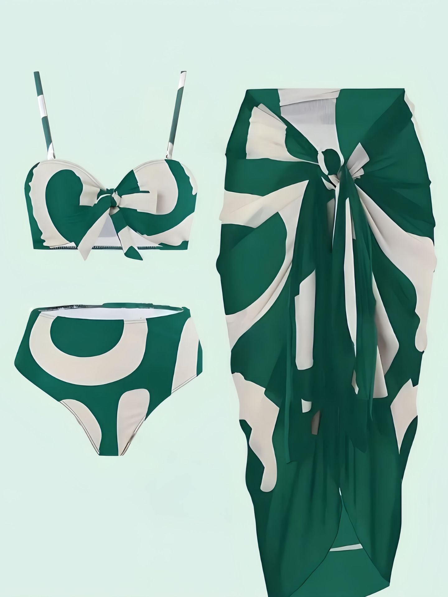 Separate Bikini Three-Piece Set Printed Conservative Beach Dress Sheer Swimwear for Women