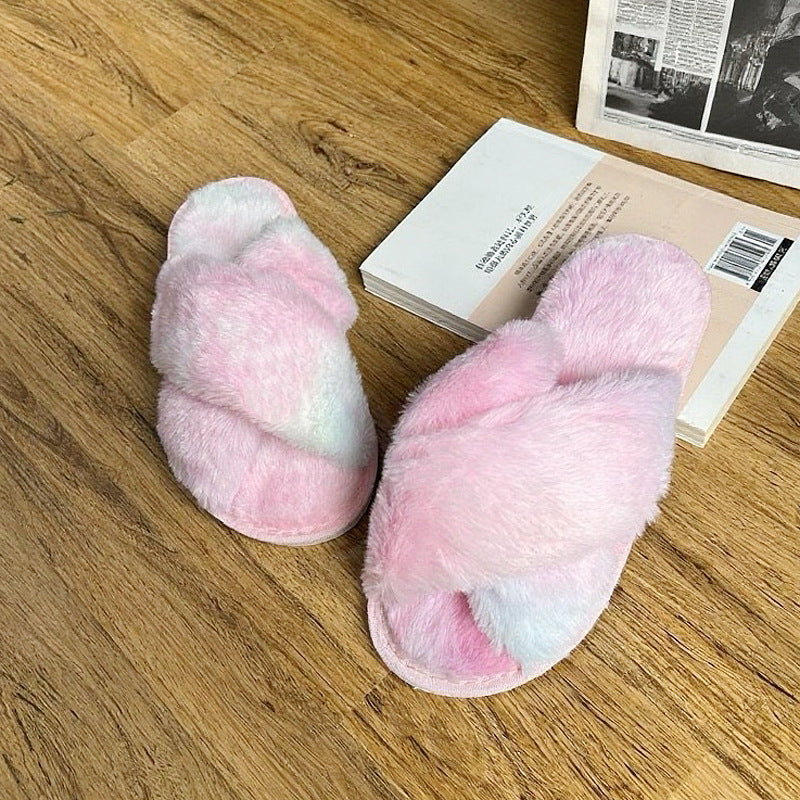 Hairy slippers with crossed rabbit fur and exposed toes
