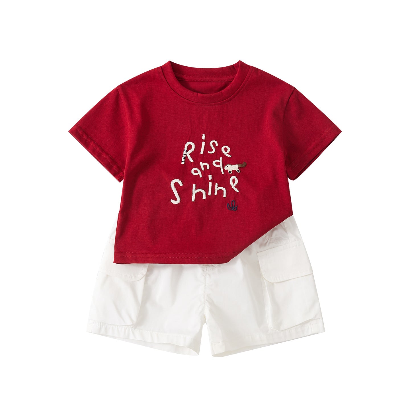 Simple Embroidered Letter Short Sleeve Top and Lightweight Casual Utility Shorts Set for Boys