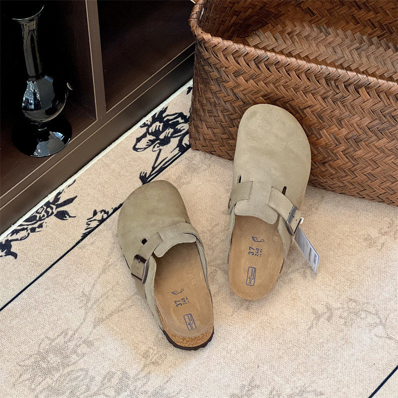 Boken shoes genuine leather with cork and increased height thick soled slippers