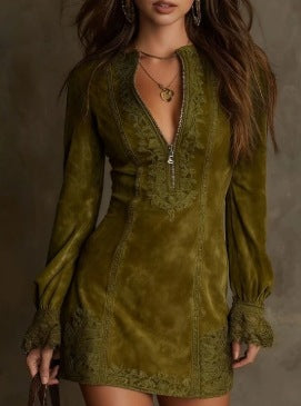Elegant Long Sleeve Zipper Lace Trim Fitted Midi Dress for Women