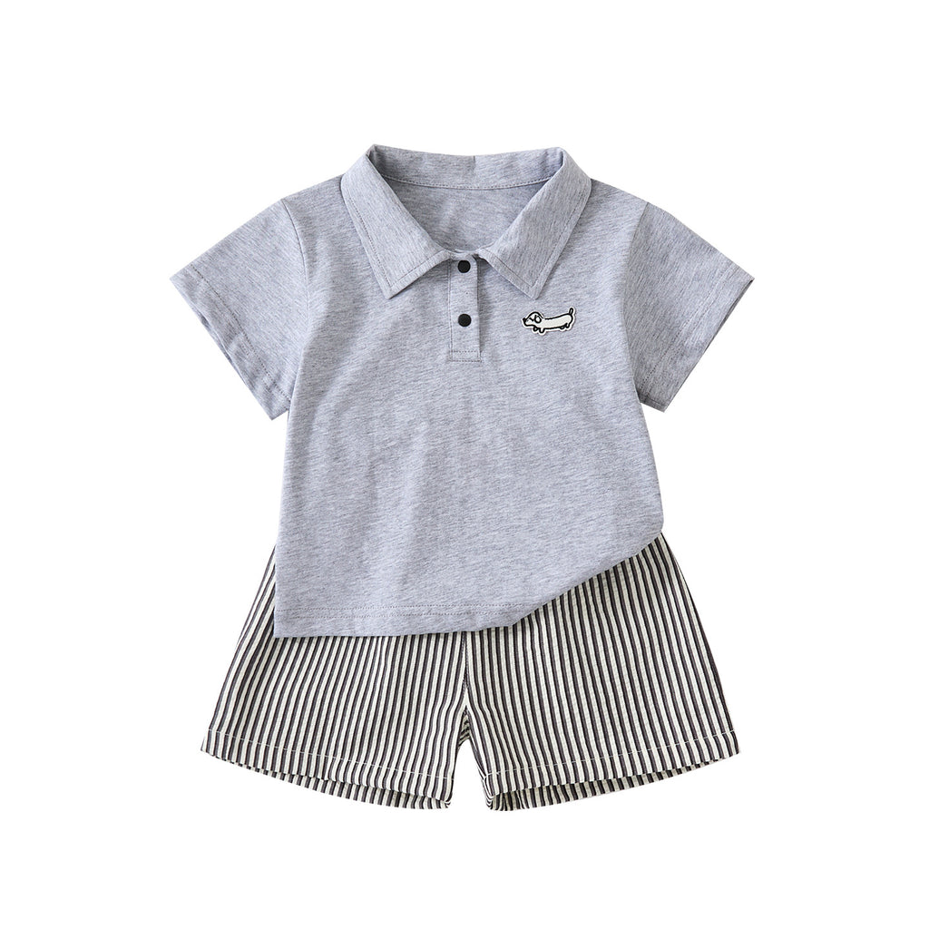Cartoon Dog Polo Shirt Short Sleeve Baby Lightweight Casual Striped Shorts Children's Clothing