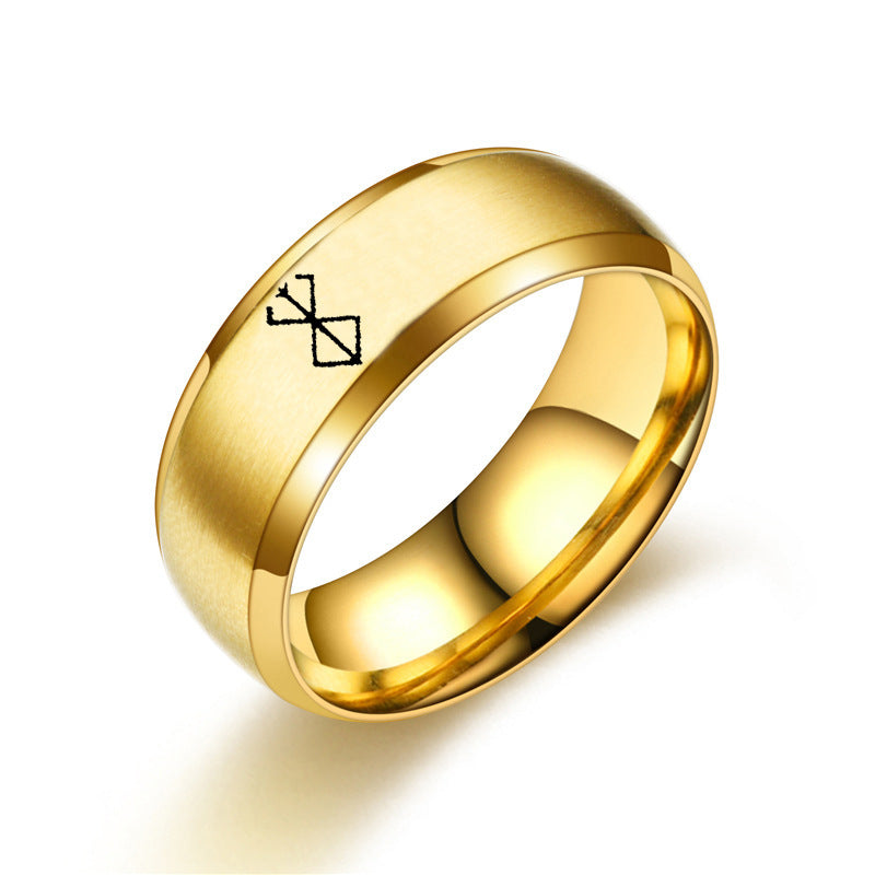 European and American Style Berserk Anime Series Laser Engraved Ring with Logo Design
