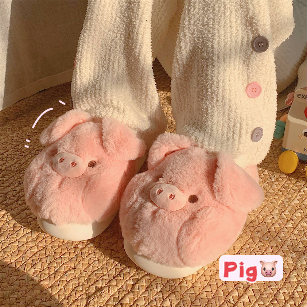 Winter Warm Soft Thick-Sole Furry Slippers for Women, Cute Pink Pig Cotton House Slippers