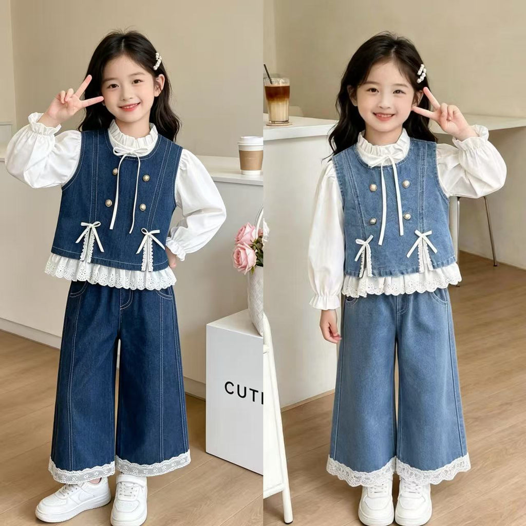Children's denim clothes spring and autumn vest long sleeved three piece set