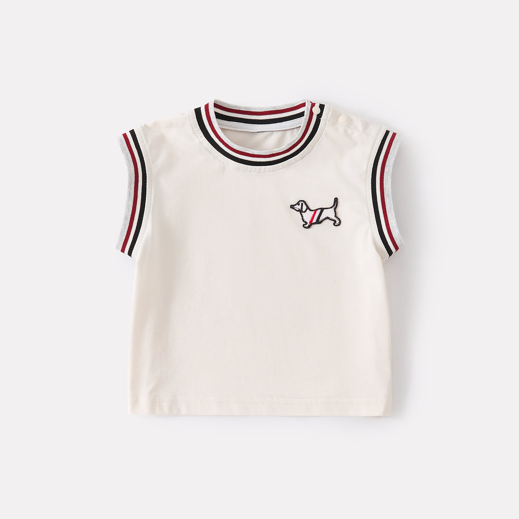 Color-Blocking Collar Cartoon Embroidered Vest with Breathable Shorts Knit Two-Piece Set
