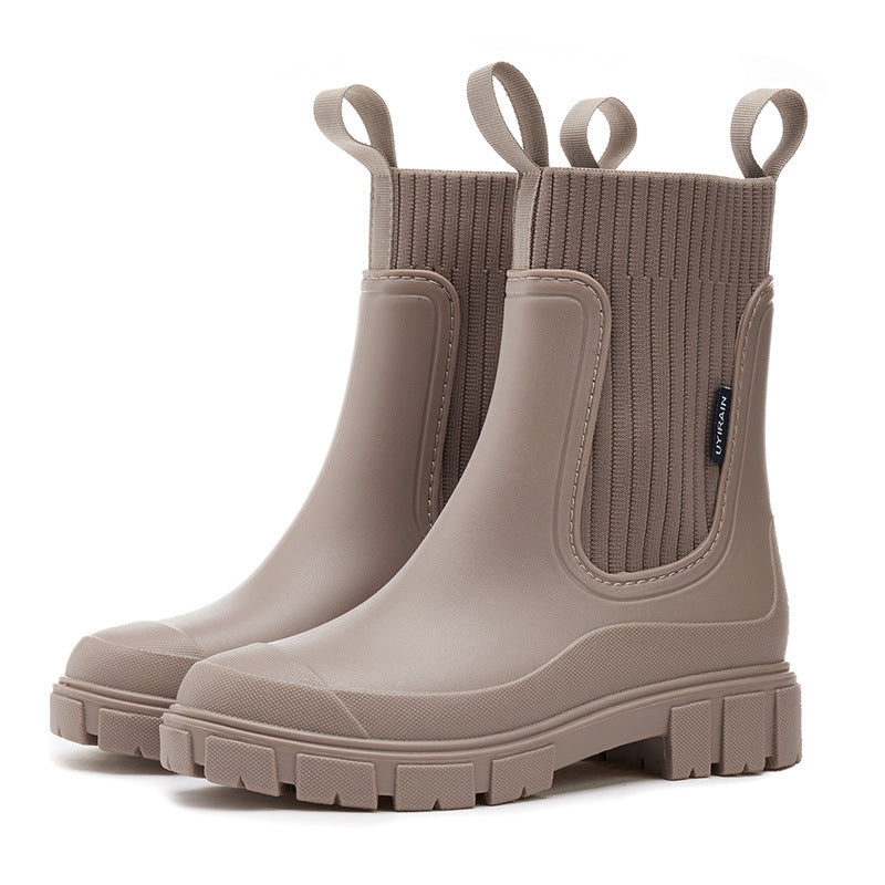 Elastic Waist Women's Mid-Calf Rain Boots, Durable Heeled Waterproof Non-Slip Outdoor Wearable Mid-Calf Boots for Rainy Weather