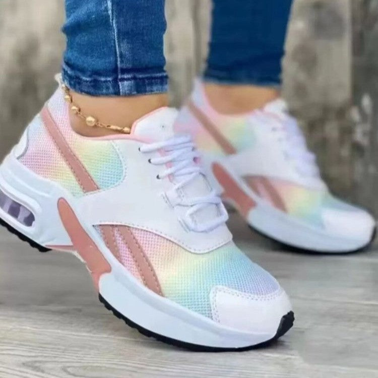 Low cut round toe mid heel lace up mesh sports single shoe for women