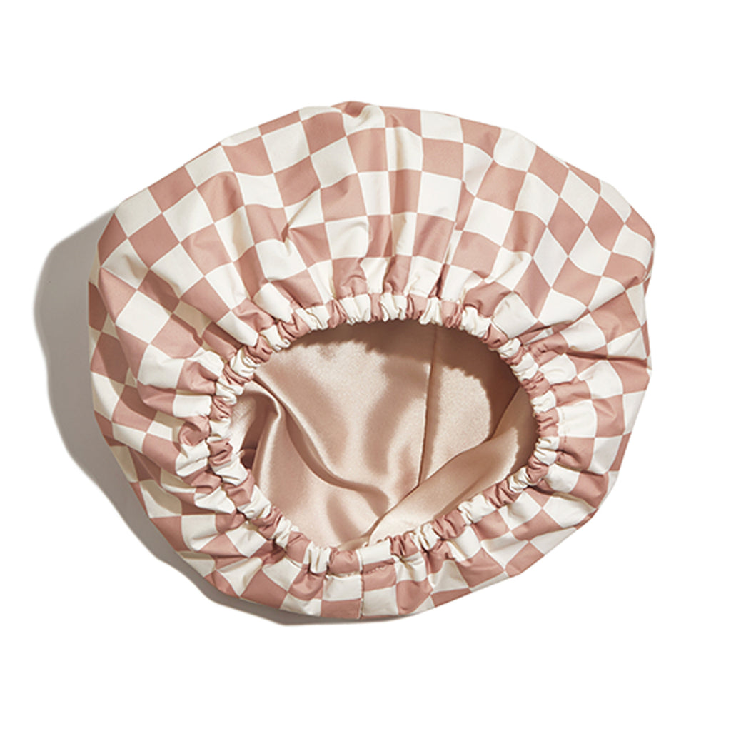 Waterproof Three-Layer Bath Cap with Silk-Like Lining and Checkered Design, Premium Hair Care Cap