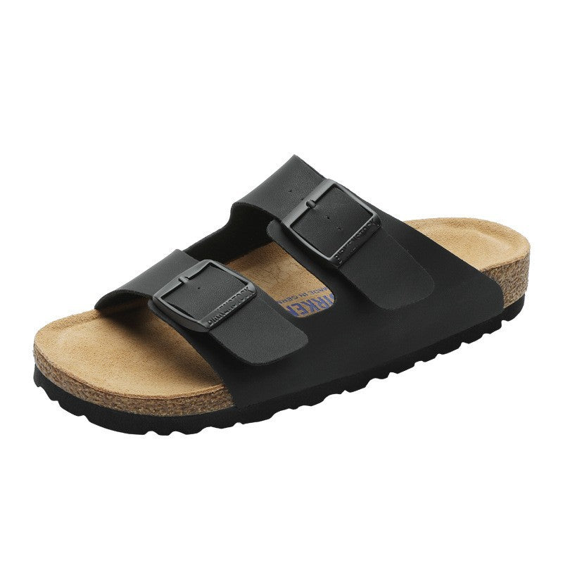 Leather flat bottomed Buchen slippers for women's doubles with button up two character slippers