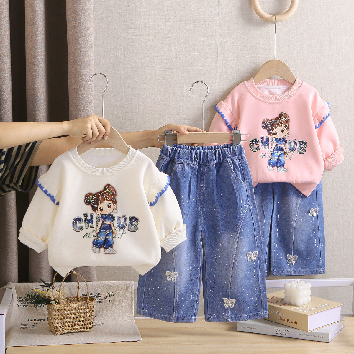 Cartoon hoodie long sleeved two-piece set for women