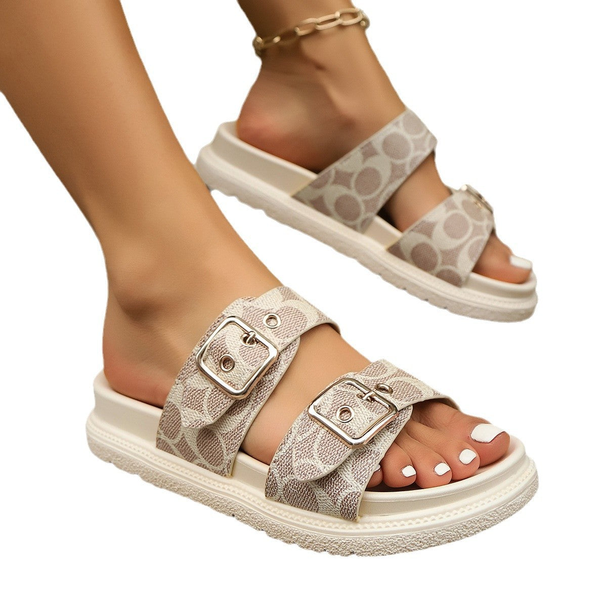 One string double buckle thick soled slippers
