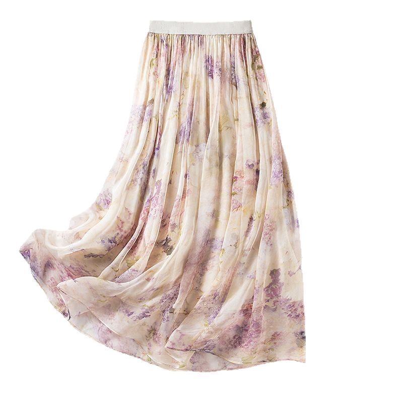 Silk Skirt Women Spring Summer High Waist Slim Fit A-Line Flowy Long Skirt Mulberry Silk Printed Maxi Skirt