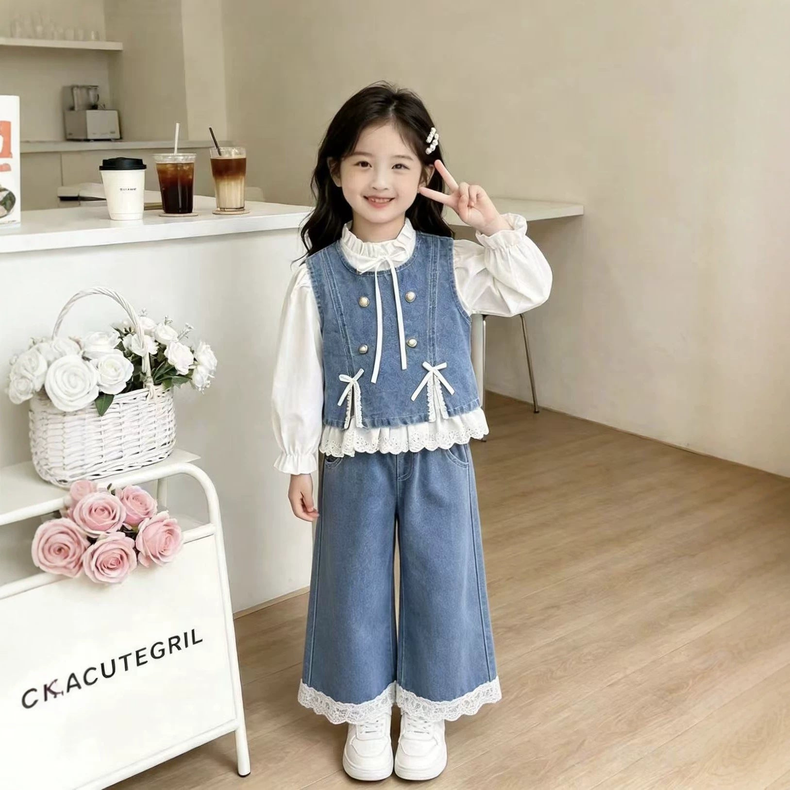 Children's denim clothes spring and autumn vest long sleeved three piece set
