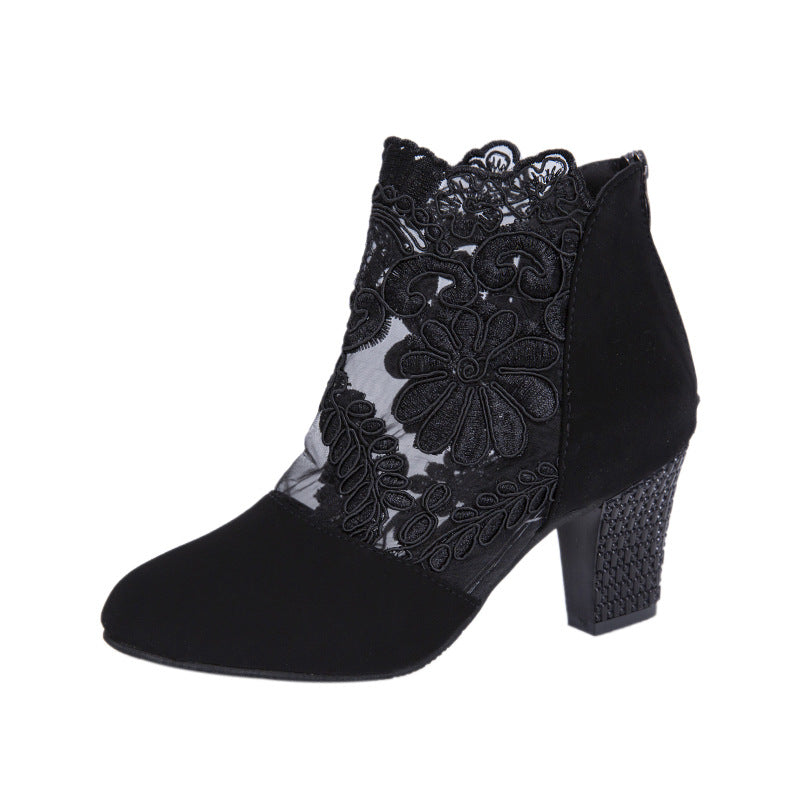 Lace Mesh High-Heeled Sandals Women European and American Style Round Toe Chunky Heel Roman Sandals Wholesale