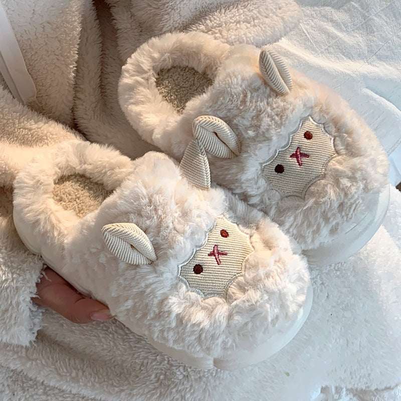 Cute Lamb Cotton Slippers for Women, Back-Covered Postpartum Shoes, Non-Slip Fuzzy Slippers