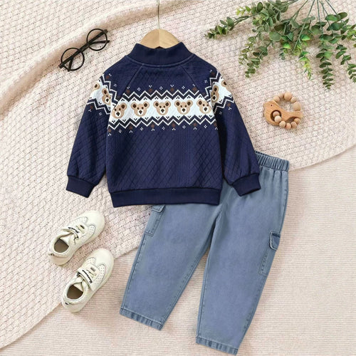 Boys' Stylish Bear Stand-Up Collar Zip-Up Shirt Set with Jeans Two-Piece Set