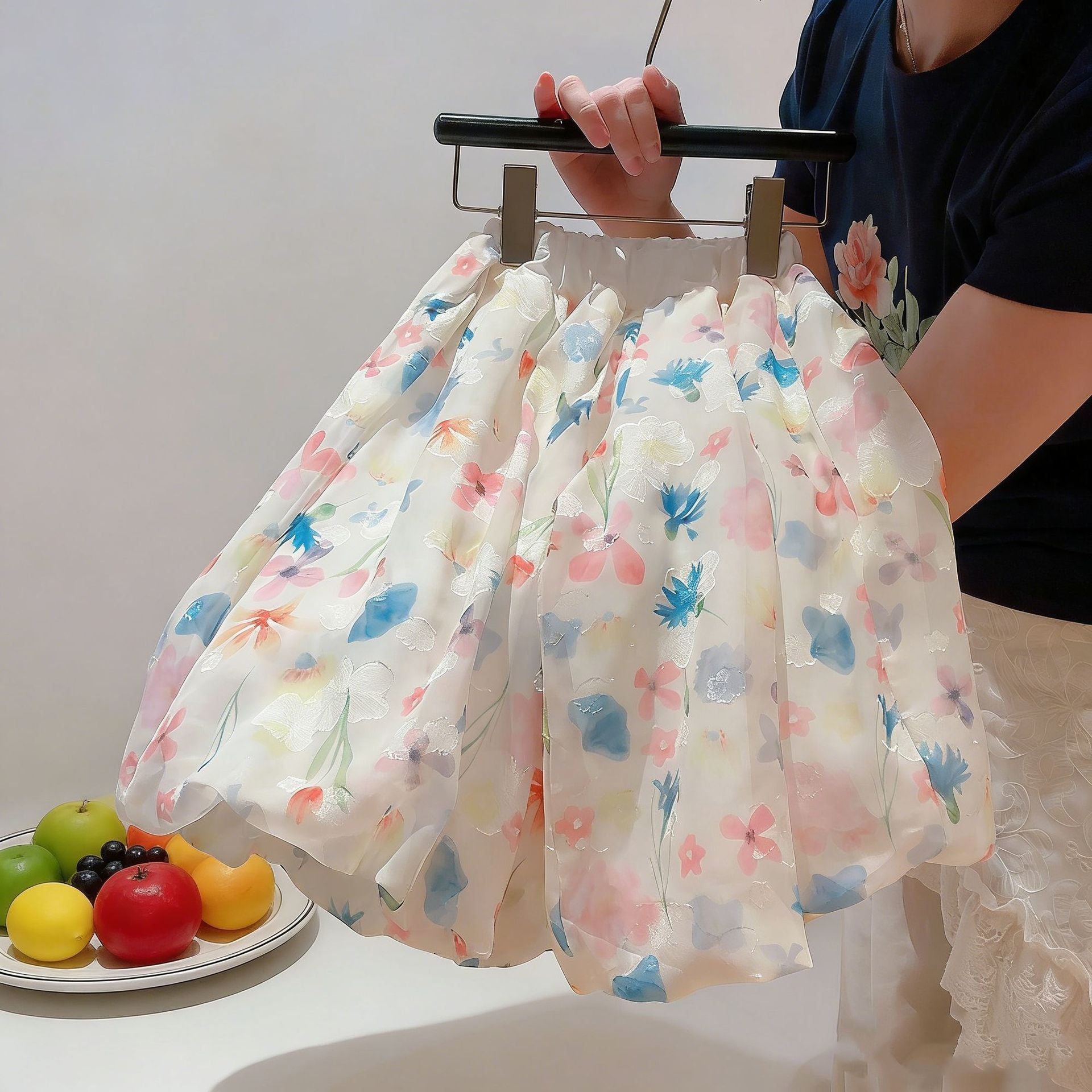 Floral Puff Bloom Shorts for Women,Ice Silk High Waist Slimming Dopamine Casual Skirt