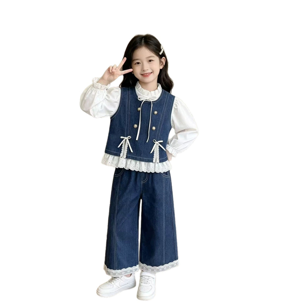 Children's denim clothes spring and autumn vest long sleeved three piece set