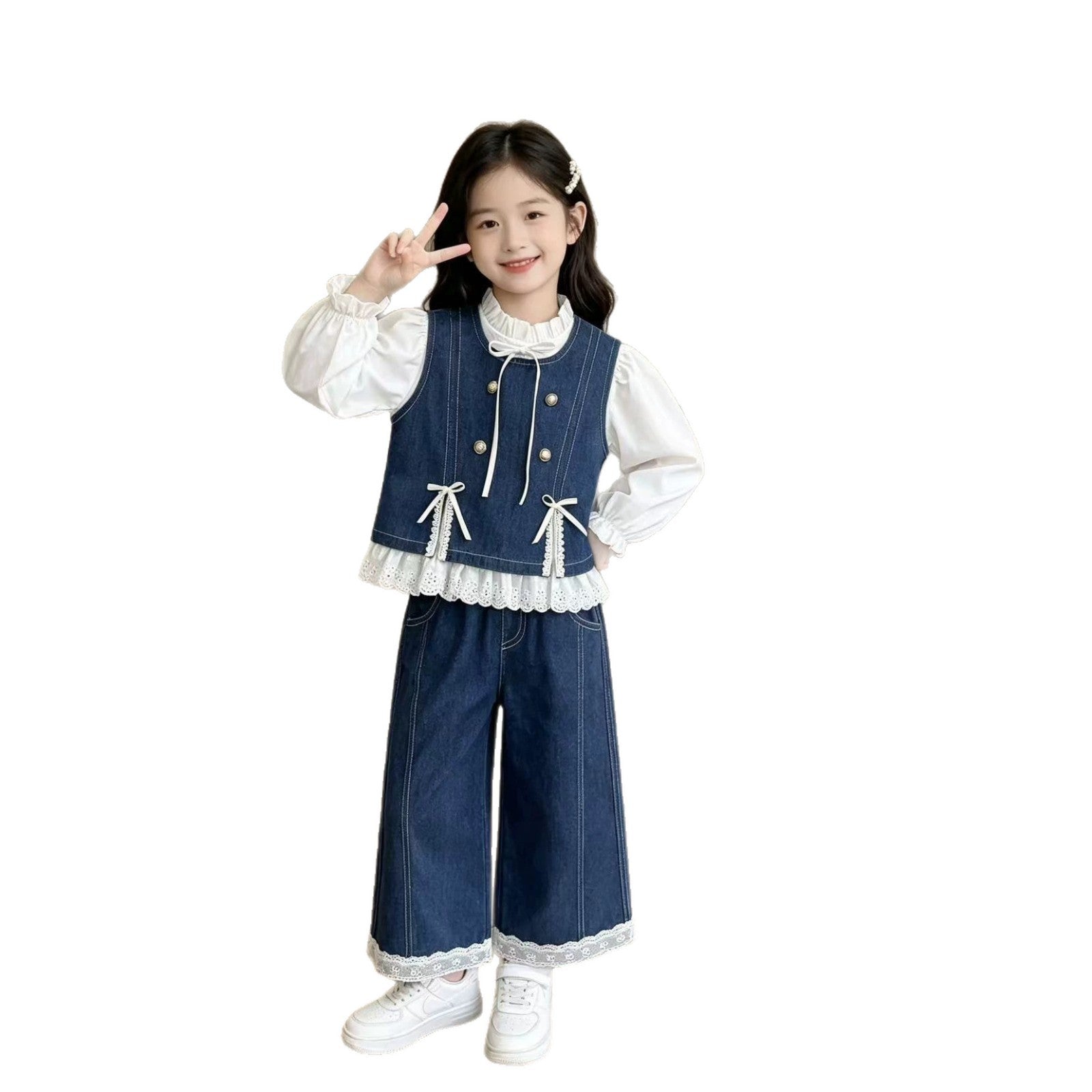 Children's denim clothes spring and autumn vest long sleeved three piece set