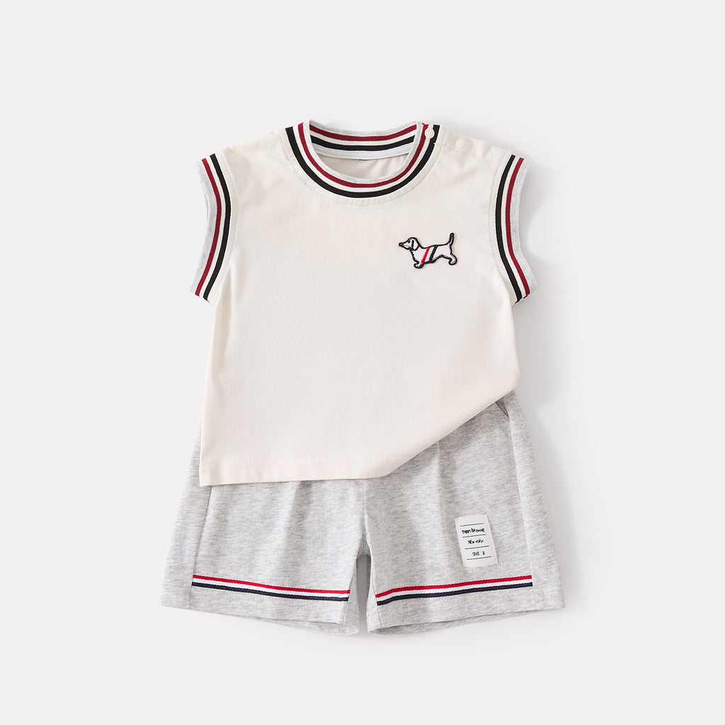 Color-Blocking Collar Cartoon Embroidered Vest with Breathable Shorts Knit Two-Piece Set