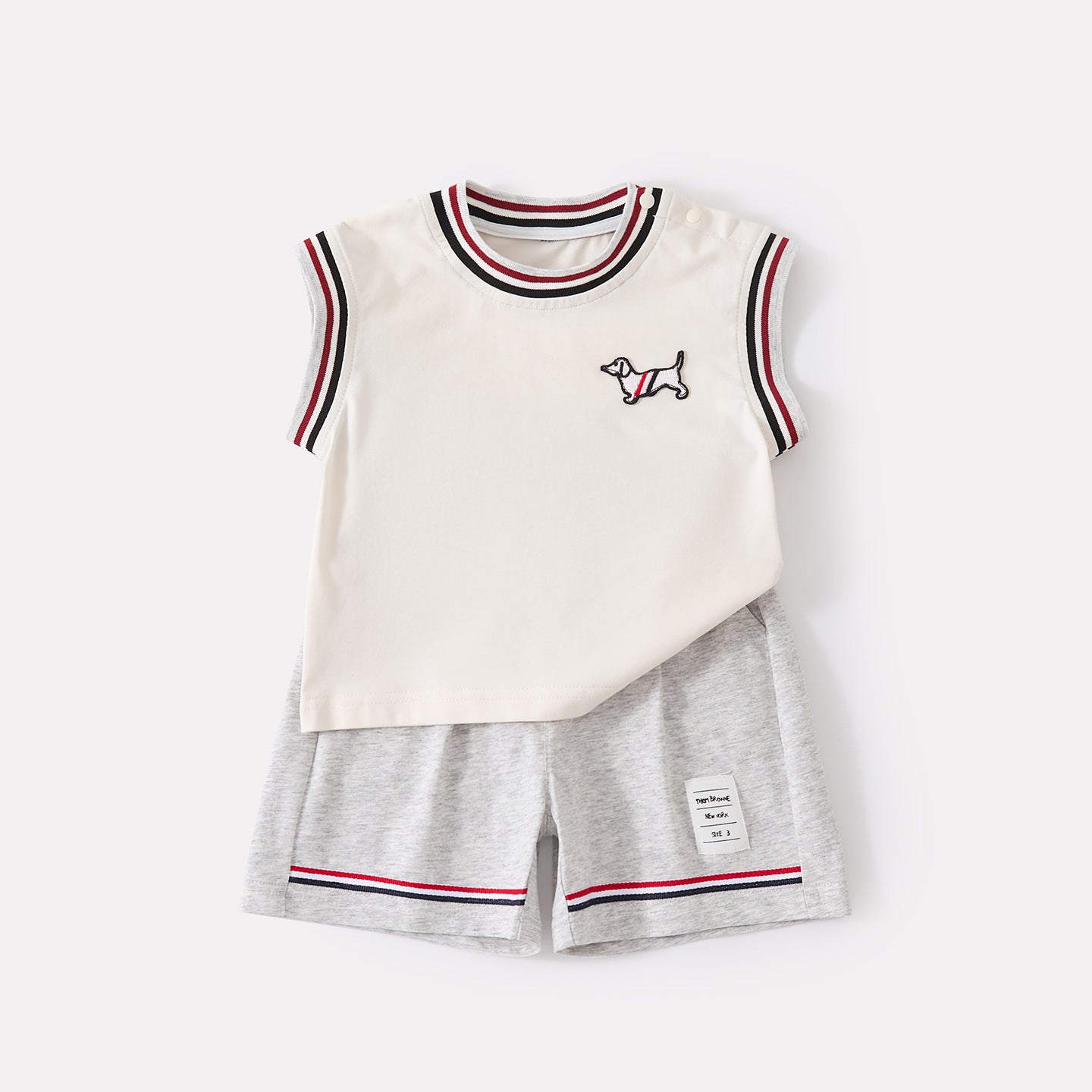 Color-Blocking Collar Cartoon Embroidered Vest with Breathable Shorts Knit Two-Piece Set