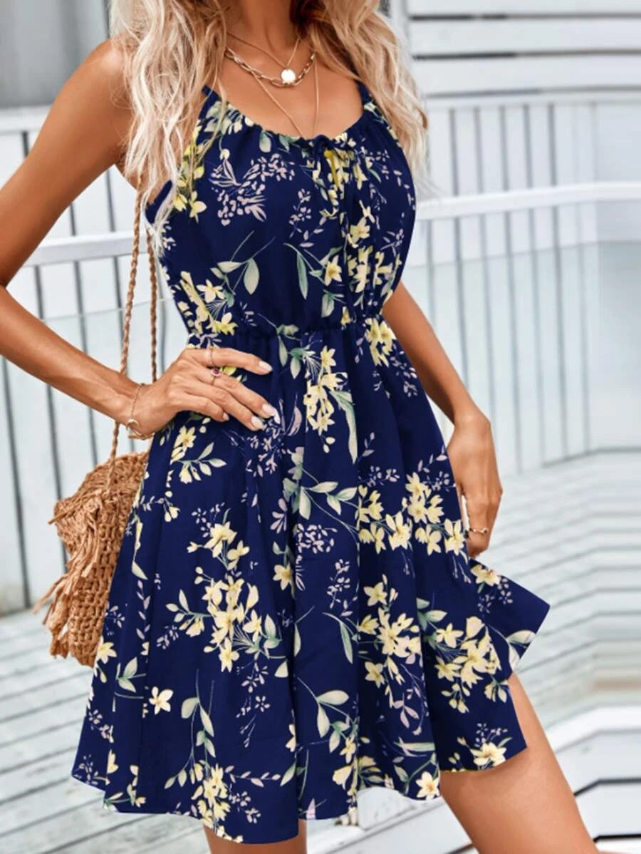 Elegant Sleeveless Printed Dress with Elastic Waist and Straps for Women