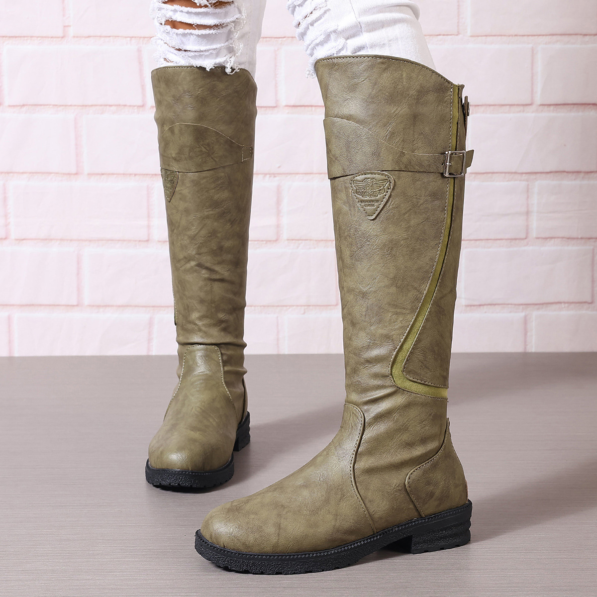 New Style Outdoor Long Boots Winter欧美外贸 Flat Heel Wide Size Women's Leather Boots