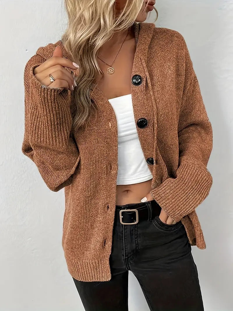 Women's Solid Color Hooded Button-Up Sweater