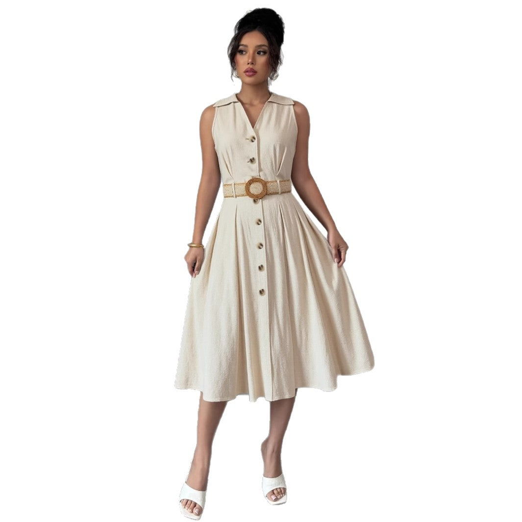 V-neck sleeveless breasted waistband A hem shirt dress for women