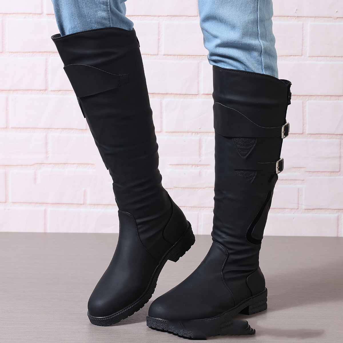 New Style Outdoor Long Boots Winter欧美外贸 Flat Heel Wide Size Women's Leather Boots