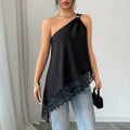 Slanted shoulder metal buckle lace patchwork irregular loose vest for women