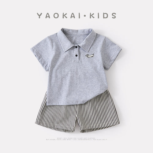 Cartoon Dog Polo Shirt Short Sleeve Baby Lightweight Casual Striped Shorts Children's Clothing