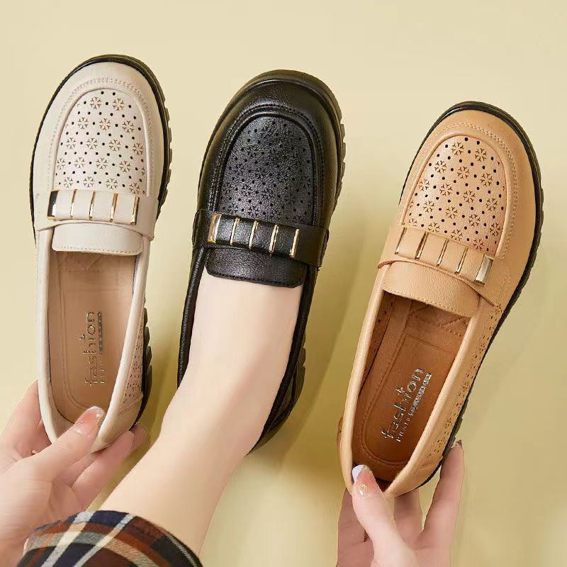 Thick Sole Loafer Women's Casual Breathable Small Leather Shoes Fashionable Mom Shoes Casual Wide Size Single Shoes