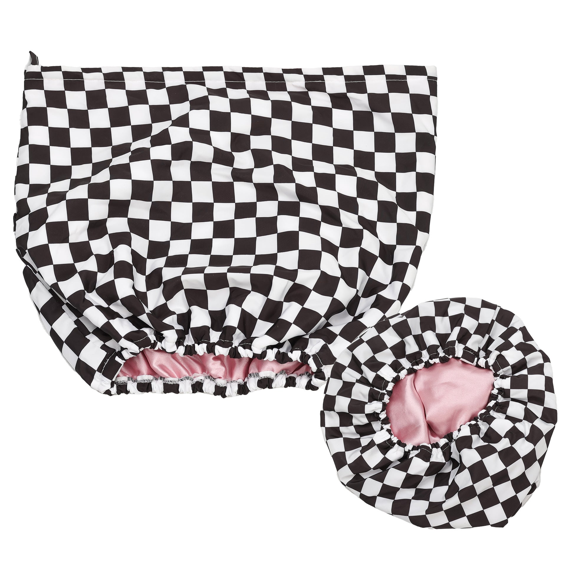 Waterproof Three-Layer Bath Cap with Silk-Like Lining and Checkered Design, Premium Hair Care Cap