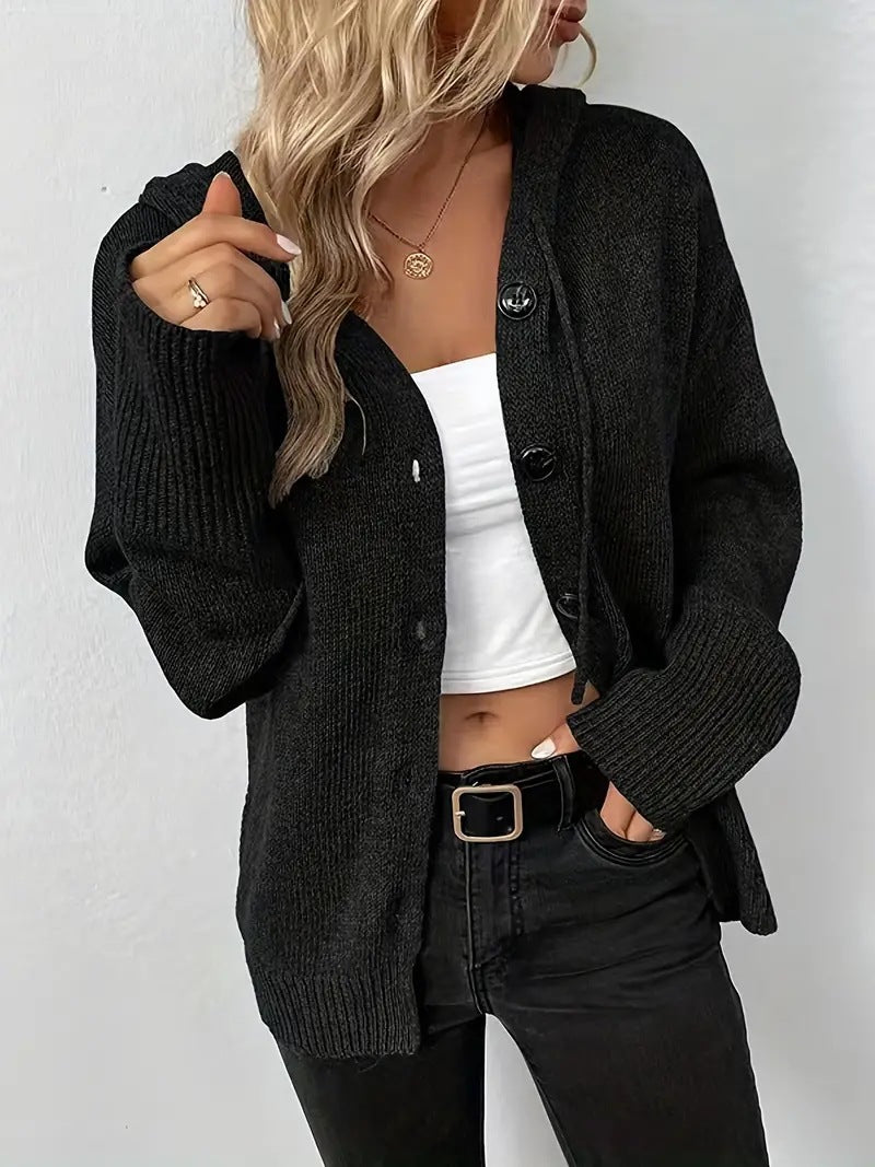 Women's Solid Color Hooded Button-Up Sweater