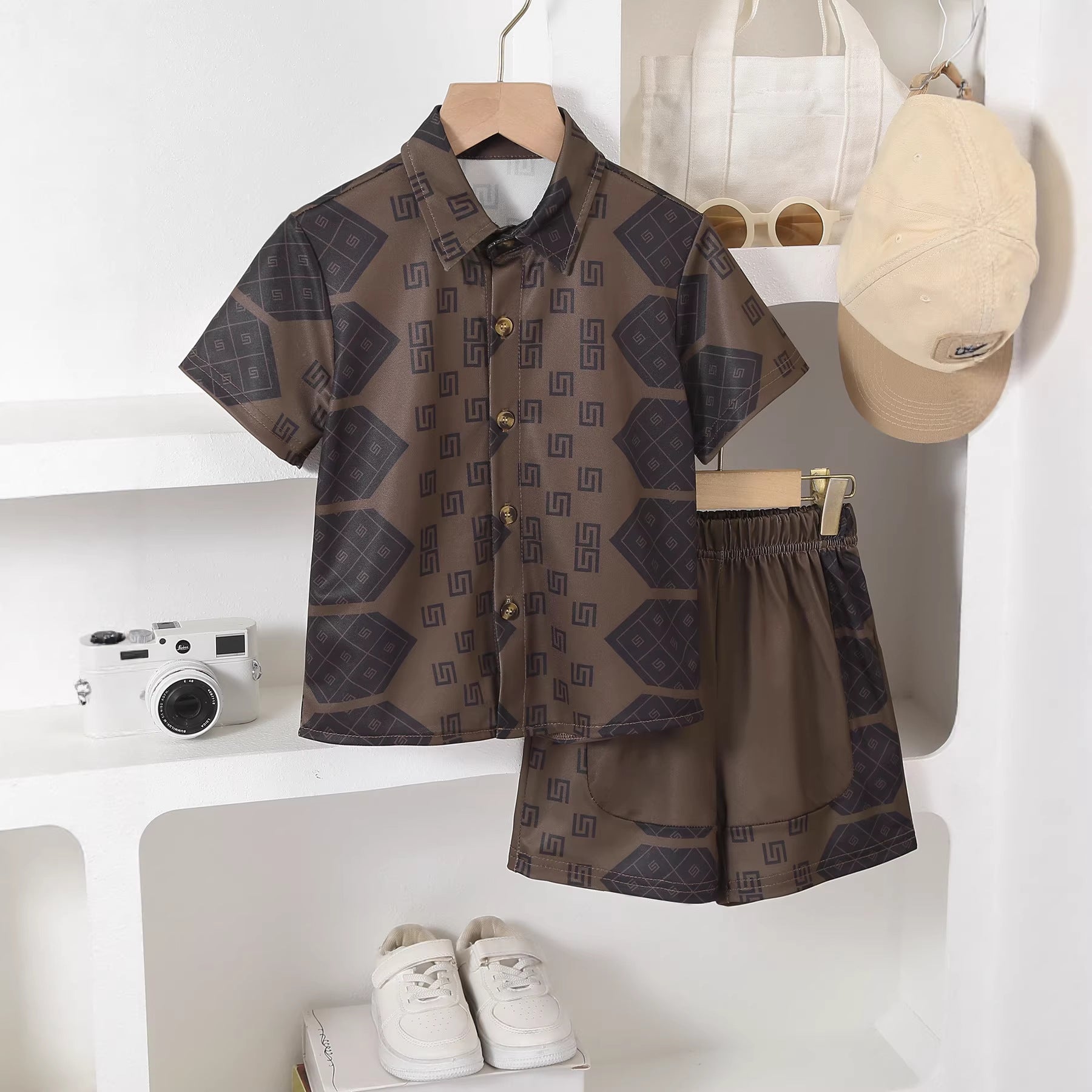 Boy's Geometric Print Short Sleeve Shirt Set