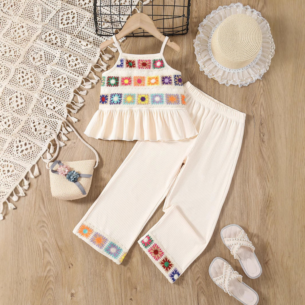 Crochet Strap Top and Wide Leg Pants Set for Girls
