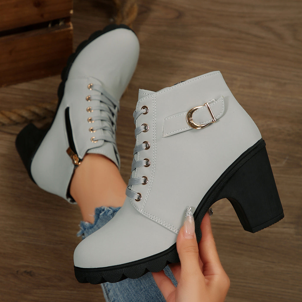 Chunky Heel Women's Leather Boots Low Cuff Round Toe High Heel Lace-Up Style with Heightening and Slimming Effect