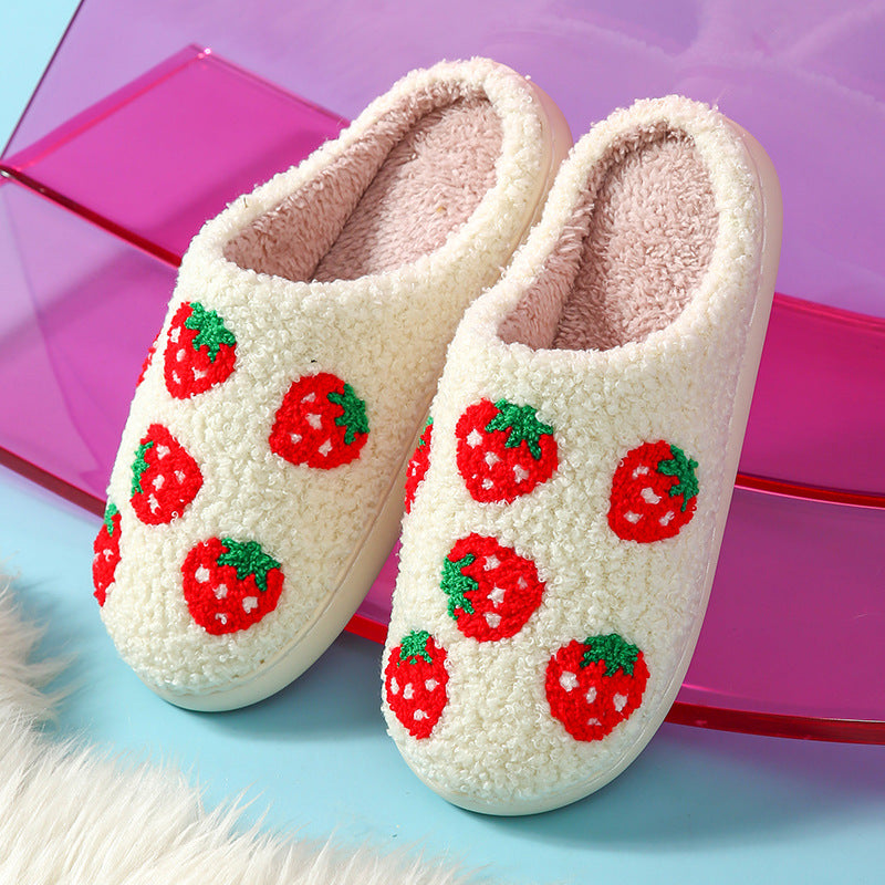 Cute Strawberry Cartoon Cotton Slippers for Couples Non-Slip Thick Sole Indoor Warm Fleece Slippers